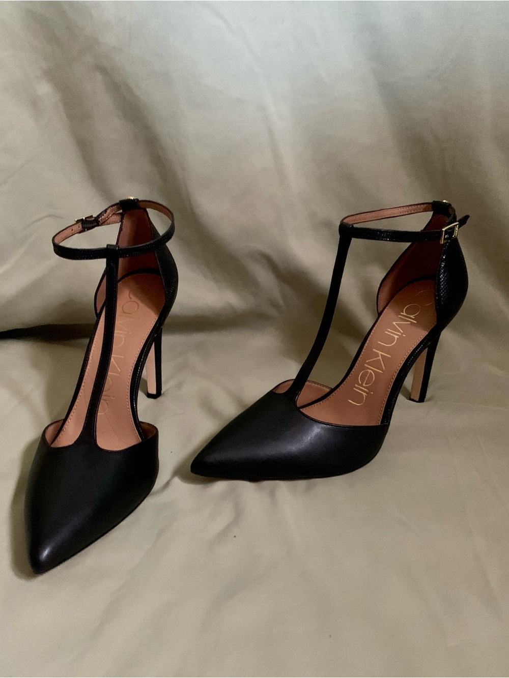 Calvin Klein Black Pointed T-Strap Heels